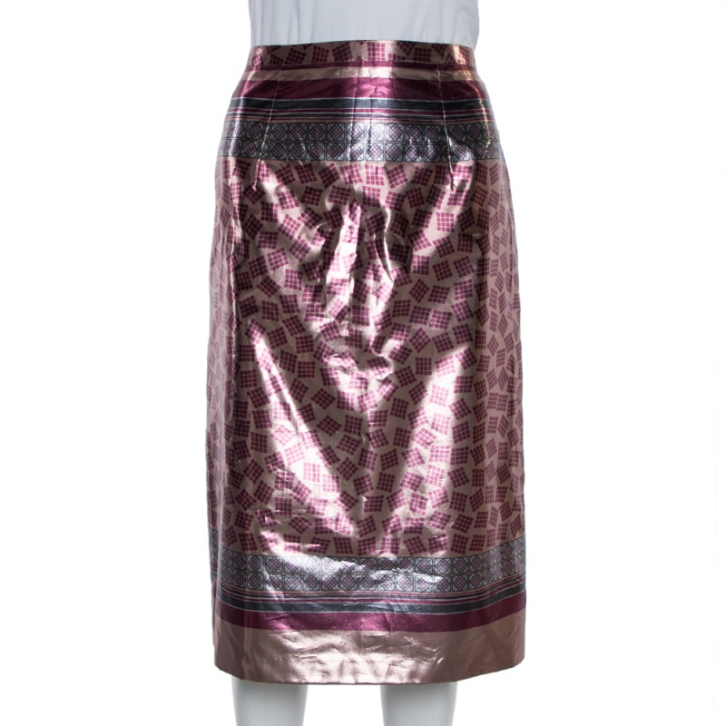 luxury-women-burberry-used-clothes-p362304-1606756929-006 Burberry Champagne Pink Printed Lamé Pencil Skirt M