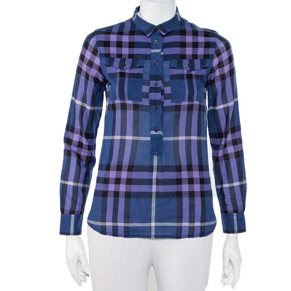 luxury-women-burberry-used-clothes-p449602-003 Burberry Brit Navy Blue Checkered Cotton Half Buttoned Shirt XXS