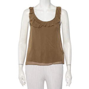 Burberry Brit Khaki Silk Ruffle Neck Detail Sleeveless Top XXS