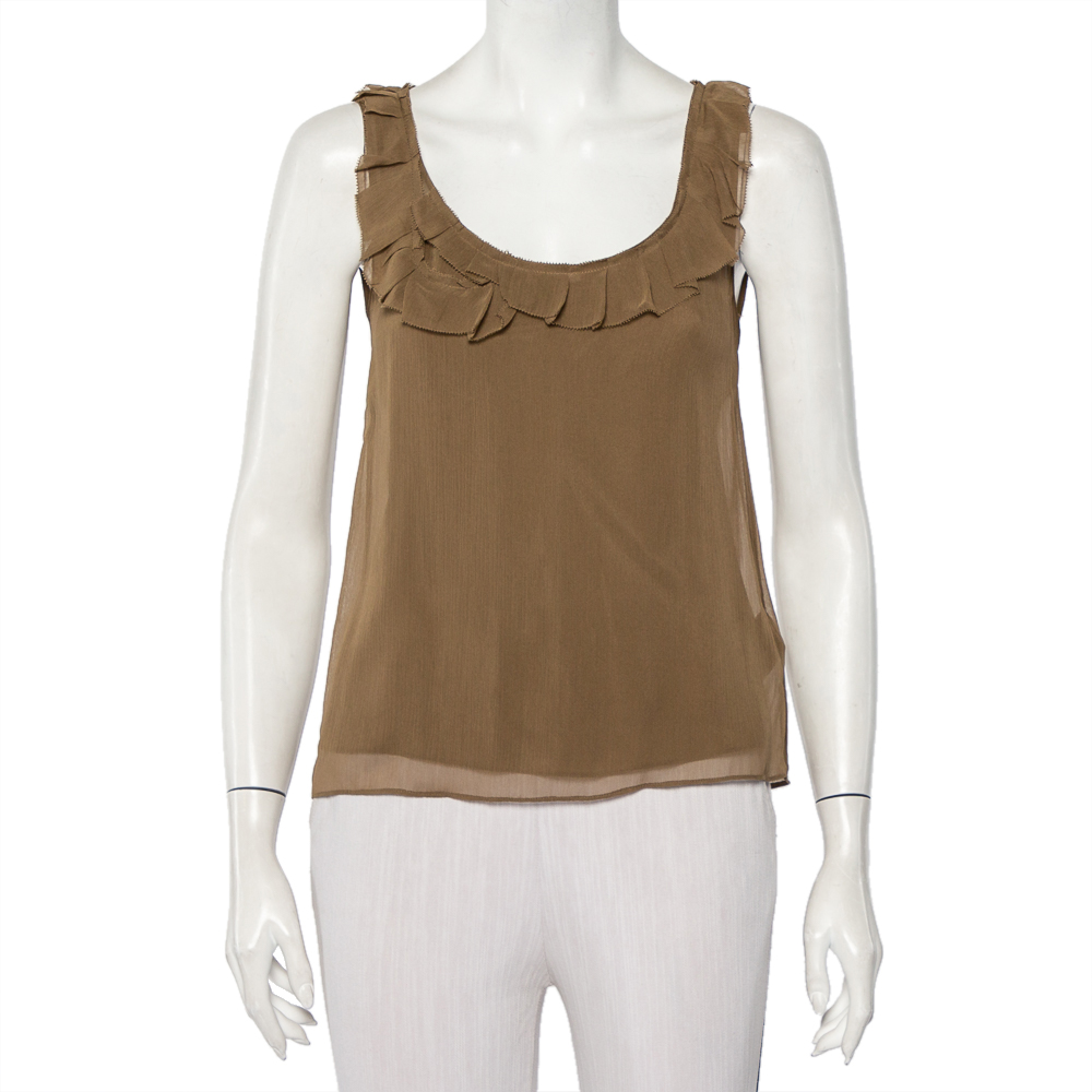 luxury-women-burberry-used-clothes-p471579-001 Burberry Brit Khaki Silk Ruffle Neck Detail Sleeveless Top XXS