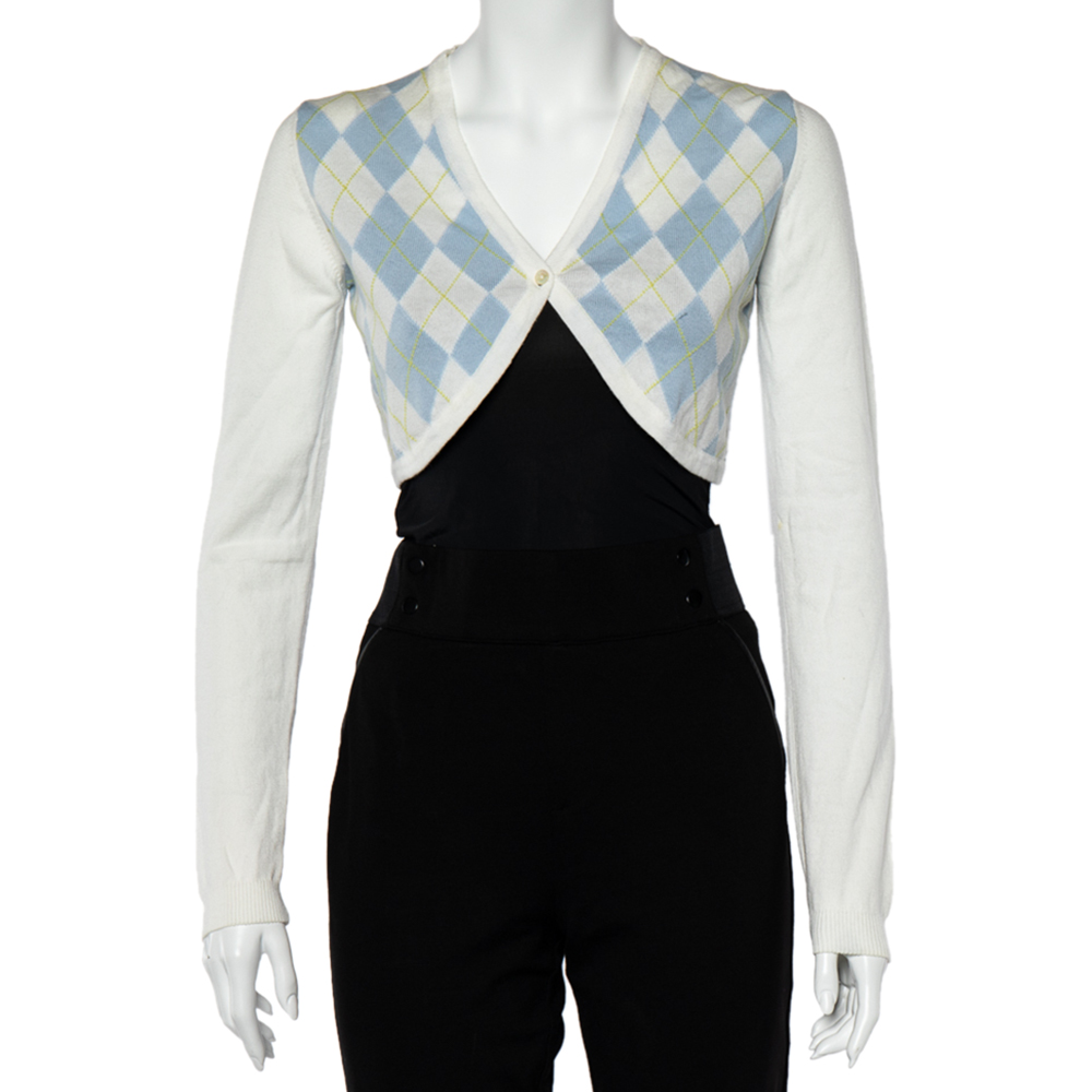 luxury-women-burberry-used-clothes-p487749-002 Burberry White Argyle Cotton Knit Cropped Cardigan S