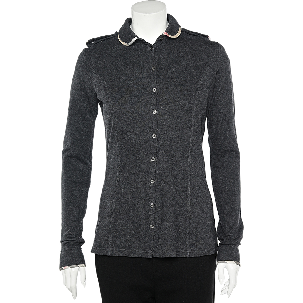 luxury-women-burberry-used-clothes-p571665-007-2 Burberry Grey Cotton Knit Long Sleeve Button Front Top M
