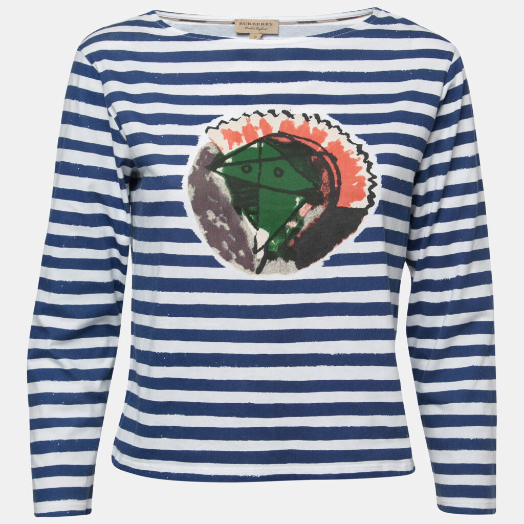 luxury-women-burberry-used-clothes-p792323-004 Burberry Blue Graphic Stripe Print Cotton Boat Neck T-Shirt XS