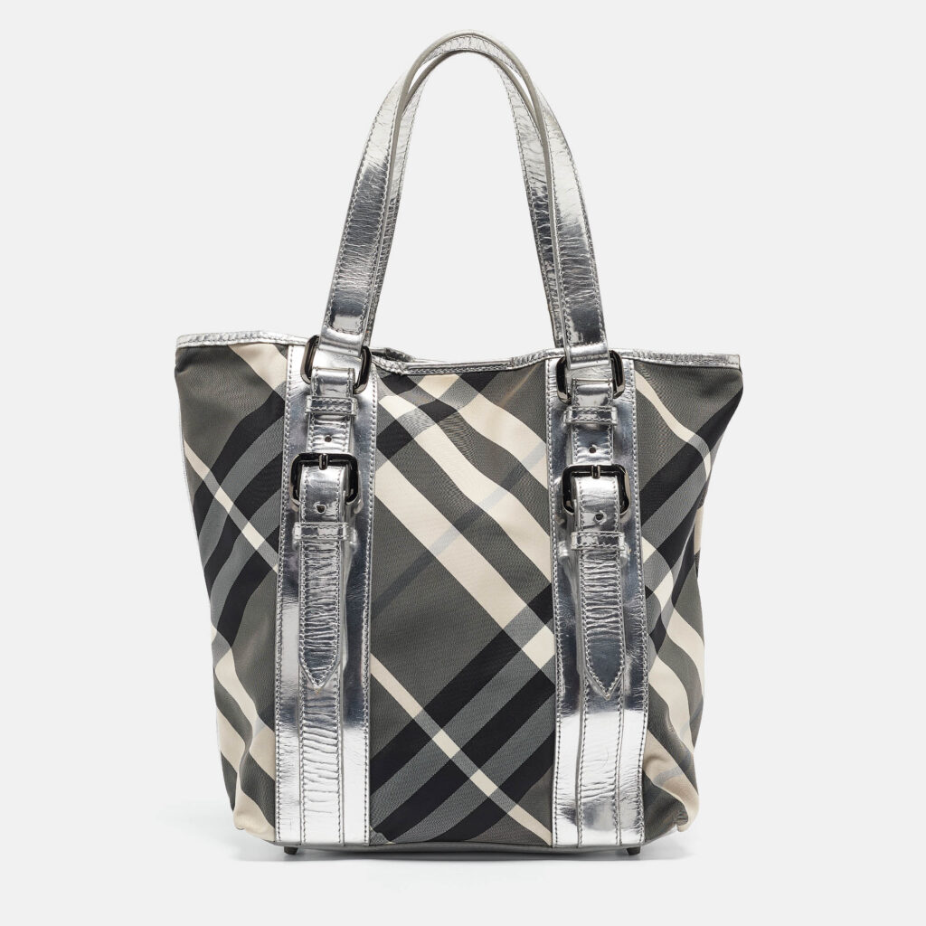 luxury-women-burberry-used-handbags-p1055999-018 Burberry Silver Beat Check Nylon Victoria Tote