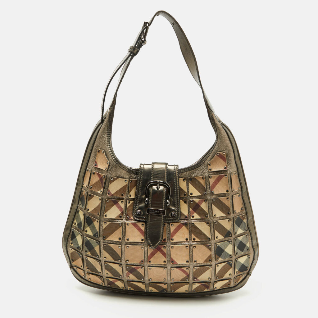 luxury-women-burberry-used-handbags-p1093858-018 Burberry Metallic/Beige Nova Check PVC and Leather Studded Brooke Warrior Hobo
