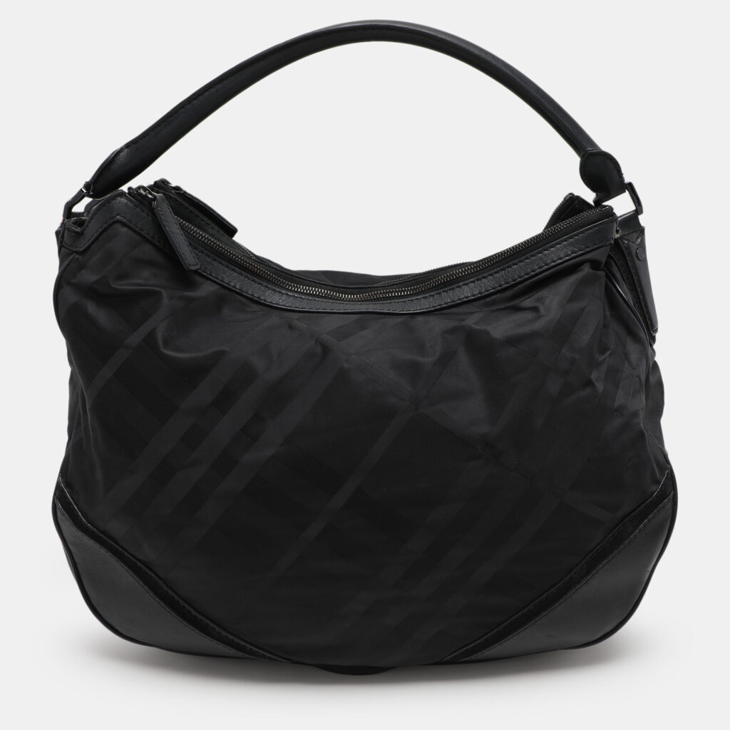 luxury-women-burberry-used-handbags-p1102116-001 Burberry Black Check Nylon and Leather Maskell Hobo