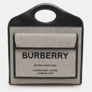 Burberry Off-White/Black Canvas and Leather Large Pocket Tote