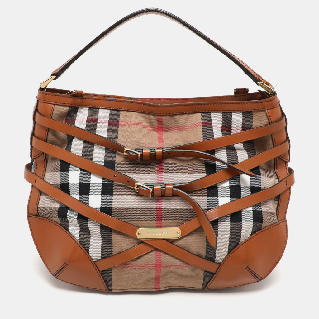 luxury-women-burberry-used-handbags-p1130498-010 Burberry Brown House Check Canvas and Leather Small Bridle Dutton Hobo