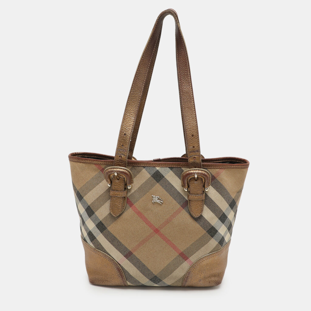 luxury-women-burberry-used-handbags-p1135871-001 Burberry Metallic Shimmer Nova Check Canvas and Leather Byron Tote