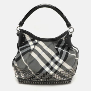 Burberry Grey/Black  Beat Check Nylon and Patent Leather Studded Hobo