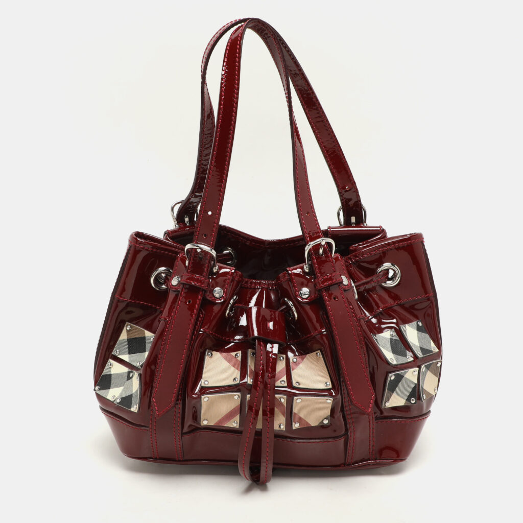 luxury-women-burberry-used-handbags-p1147026-010 Burberry Red Nova Check Canvas and Patent Leather Small Warrior Armor Hobo