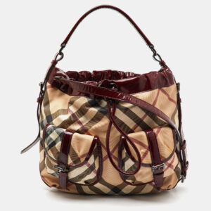 Burberry Beige/Burgundy Nova Check PVC and Patent Leather Drawstring Hobo