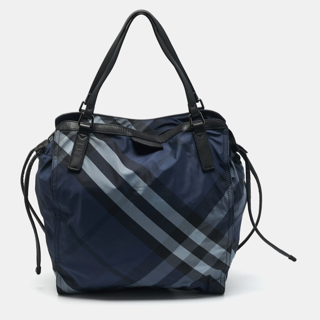 luxury-women-burberry-used-handbags-p1158044-002 Burberry Blue Mega Check Nylon and Leather Buckleigh Tote