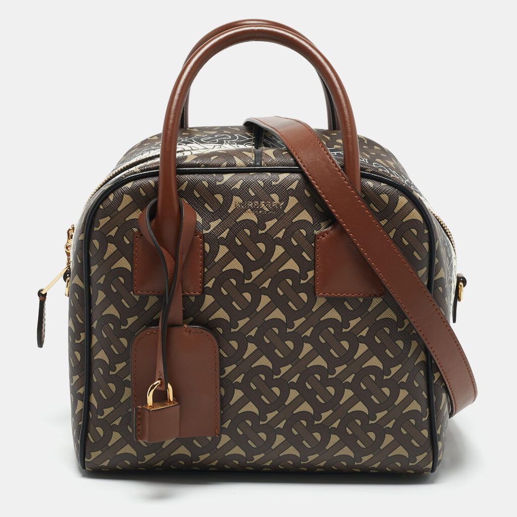 luxury-women-burberry-used-handbags-p1158550-009.jpg Burberry Brown TB Monogram Coated Canvas and Leather Cube Bowling Bag