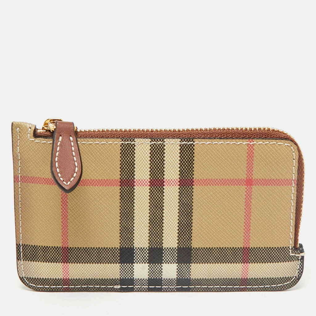 luxury-women-burberry-used-handbags-p1160410-012 Burberry Brown/Beige House Check Coated Canvas and Leather Zip Card Case