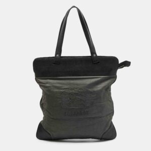 Burberry Black/Grey Logo Embroidered Fabric and Leather Flat Tote