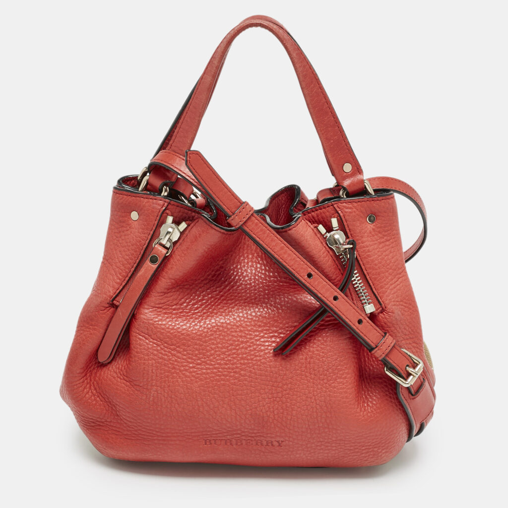 luxury-women-burberry-used-handbags-p1161586-001 Burberry Red Leather and House Check Canvas Small Brit Maidstone Peek Bag