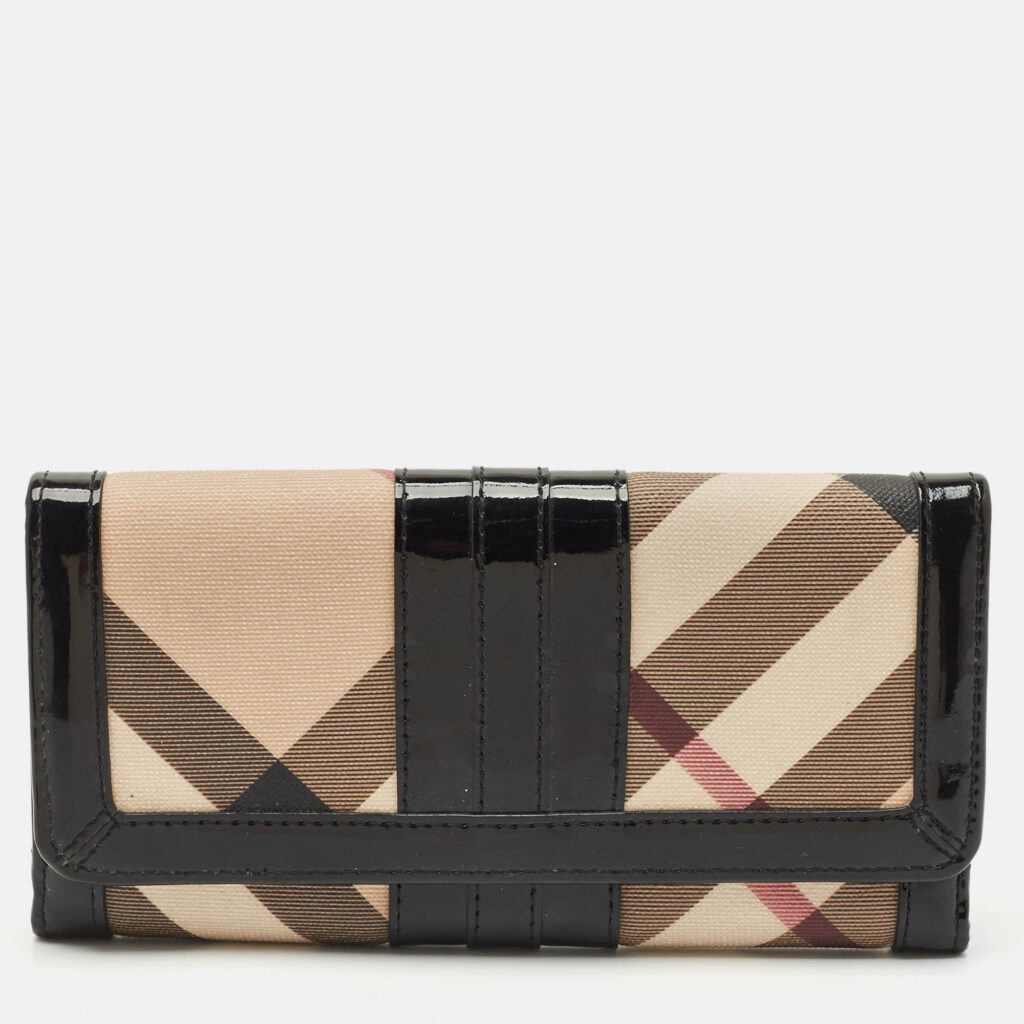 luxury-women-burberry-used-handbags-p1169680-012 Burberry Beige/Black Supernova Check Coated Canvas and Patent Leather Continental Wallet