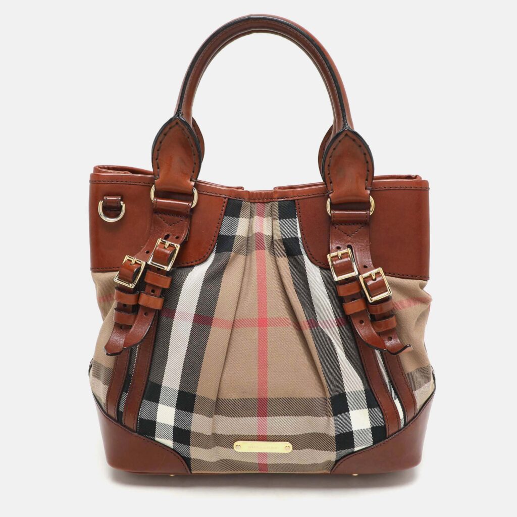 luxury-women-burberry-used-handbags-p1169859-001 Burberry Brown House Check Canvas and Leather Bridle Whipstitch Tote