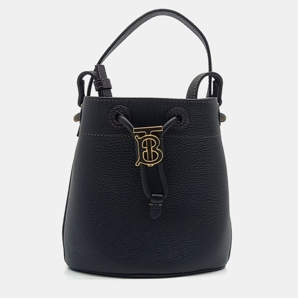 luxury-women-burberry-used-handbags-p1170650-015 Burberry Black Leather Mini TB Bucket Bag