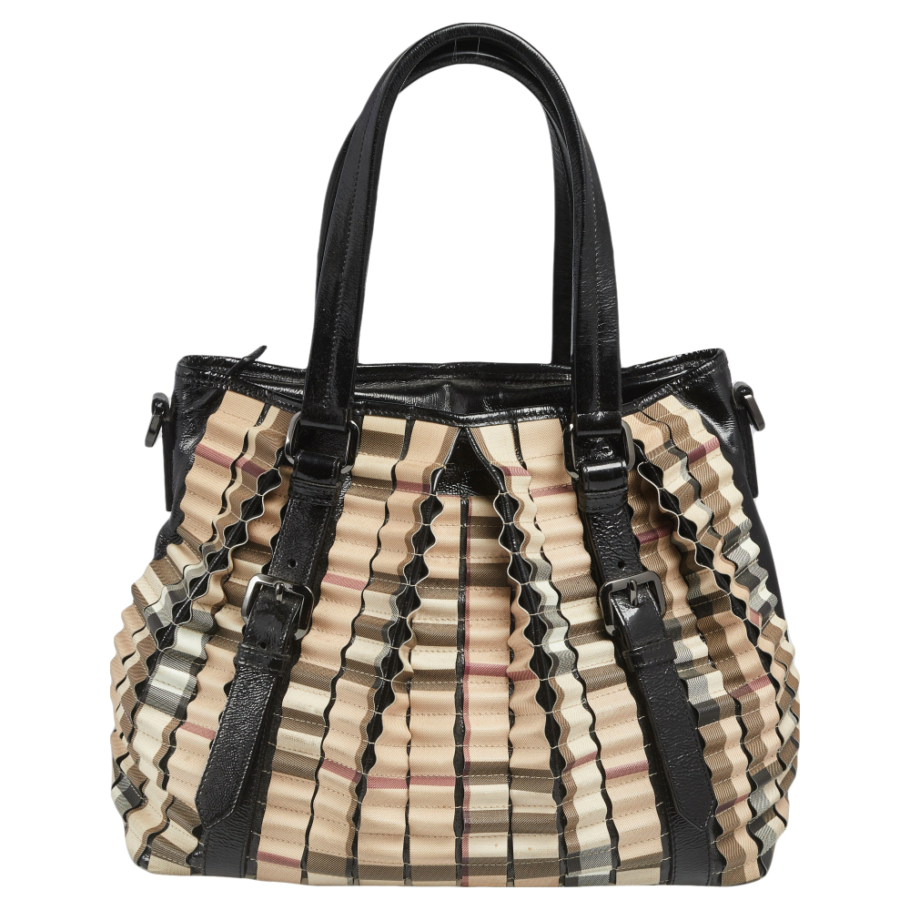 luxury-women-burberry-used-handbags-p555006-003-2 Burberry Black/Beige House Check PVC and Patent Leather Lowry Ruffled Tote
