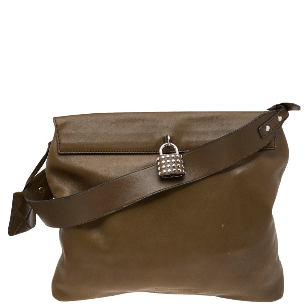 luxury-women-burberry-used-handbags-p571220-010-2 Burberry Olive Green Leather Studded Lock Messenger Bag