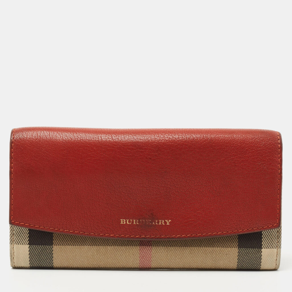 luxury-women-burberry-used-handbags-p786343-014 Burberry Brick Brown/Beige House Check Canvas and Leather Flap Continental Wallet