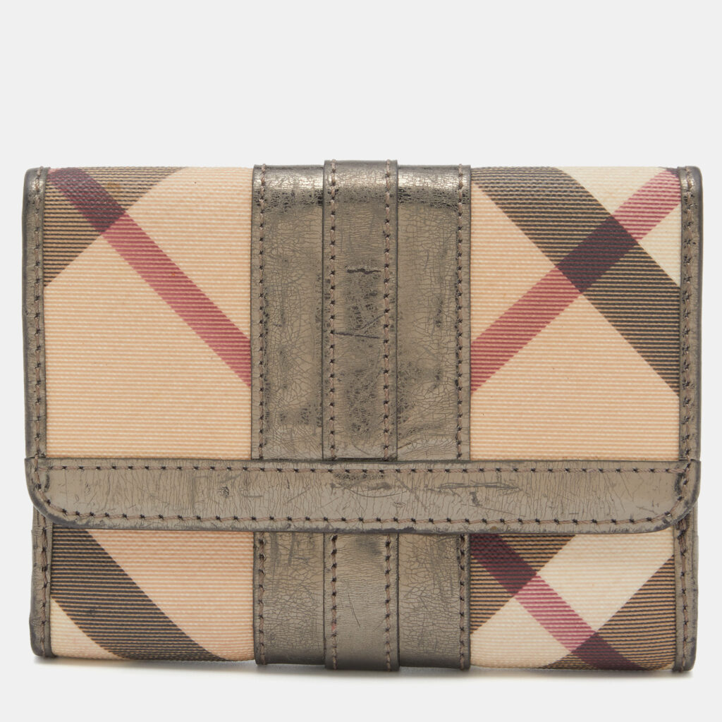 luxury-women-burberry-used-handbags-p816135-009 Burberry Metallic/Beige Nova Check PVC and Patent Leather French Wallet