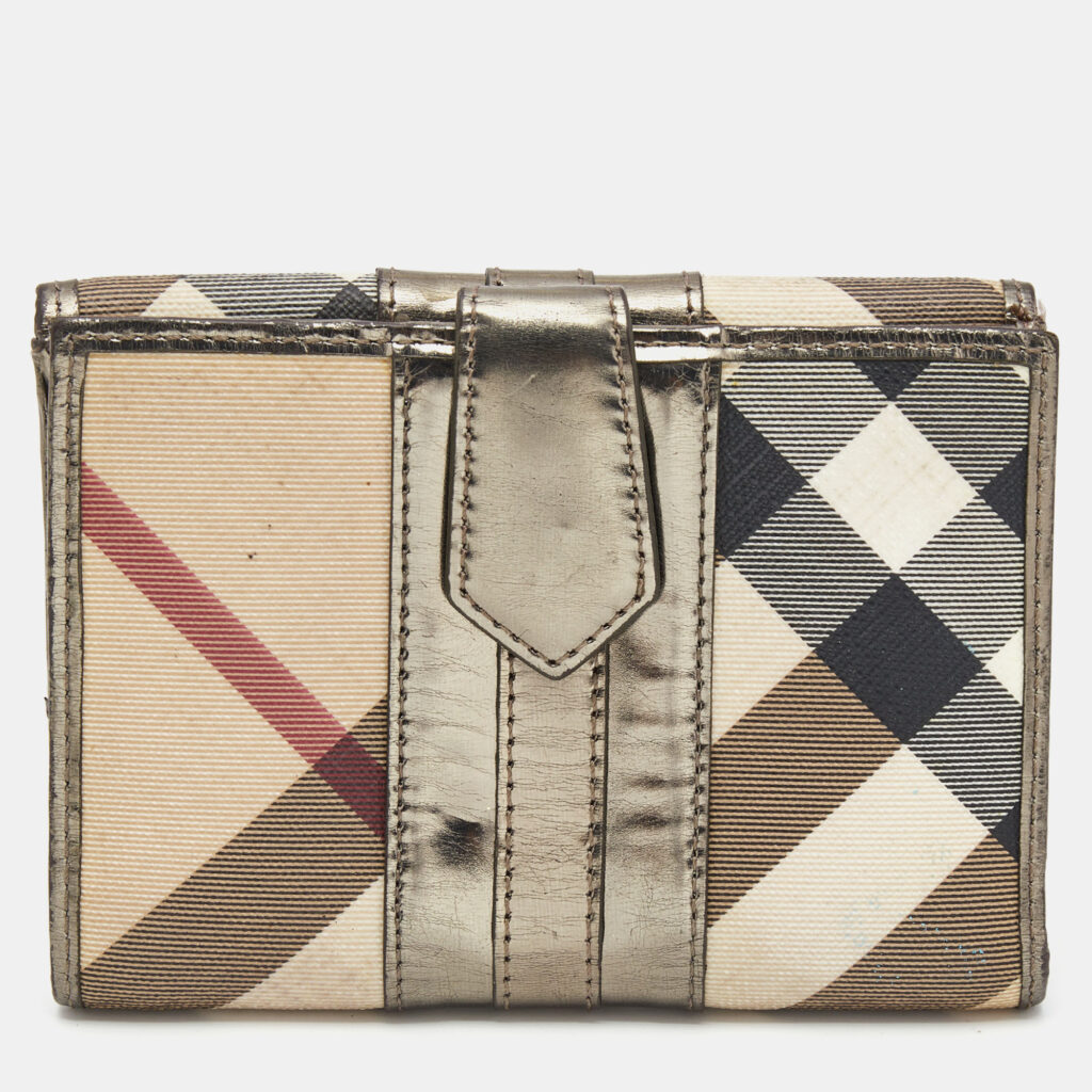 luxury-women-burberry-used-handbags-p839991-011 Burberry Metallic/Beige Housecheck PVC and Patent Leather French Wallet