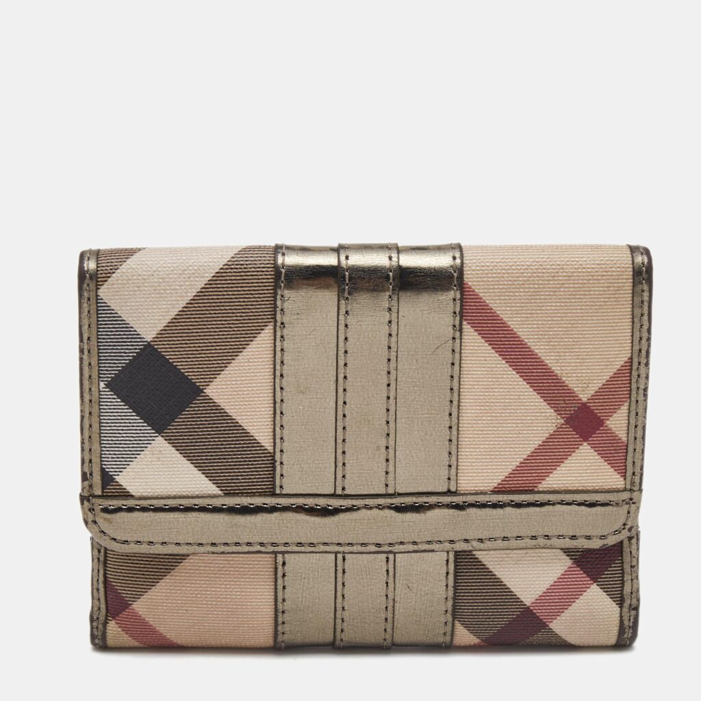 luxury-women-burberry-used-handbags-p859415-002 Burberry Metallic/Beige Nova Check PVC and Patent Leather French Wallet