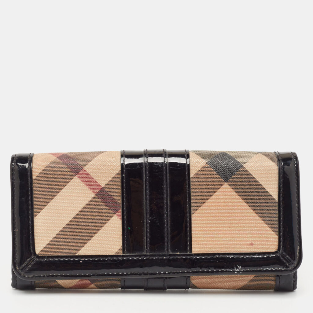 luxury-women-burberry-used-handbags-p927599-012 Burberry Black Novacheck Canvas and Patent Leather Penrose Continental Wallet