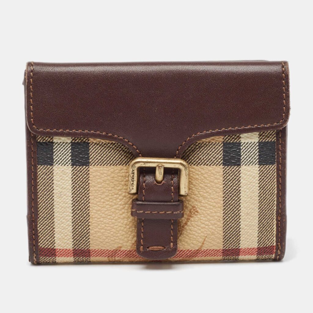 luxury-women-burberry-used-handbags-p998076-004 Burberry Brown/Beige Haymarket Check Coated Canvas and Leather Buckle Flap Compact Wallet