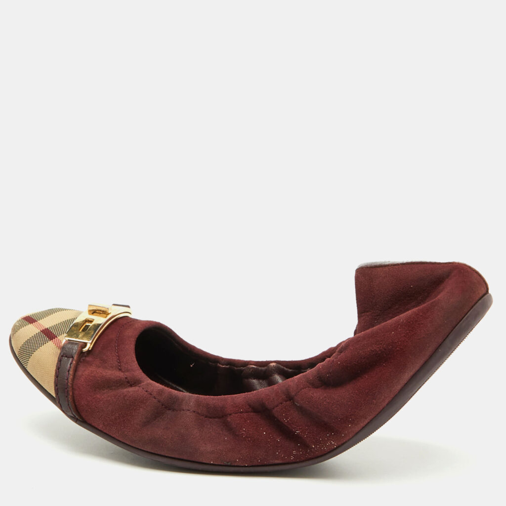 luxury-women-burberry-used-shoes-p1086202-001 Burberry Burgundy Suede and Nova Check Canvas Drayton Twistlock Scrunch Ballet Flats Size 39.5
