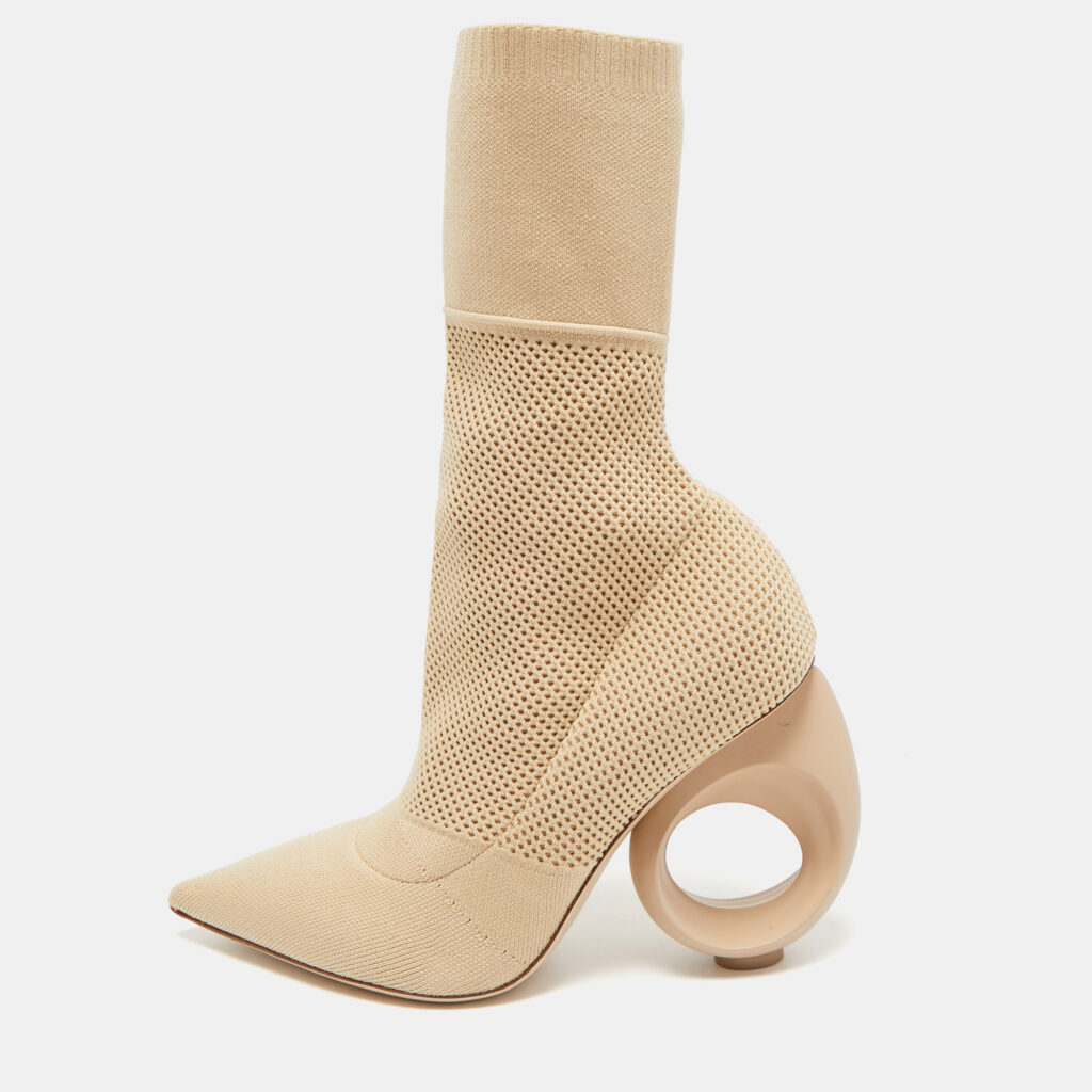 luxury-women-burberry-used-shoes-p1088055-001 Burberry Beige Knit Fabric Sculpted Heel Ankle Length Boots Size 39
