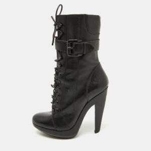 Burberry Black Leather Buckle Detail Mid Calf Platform Boots Size 37.5