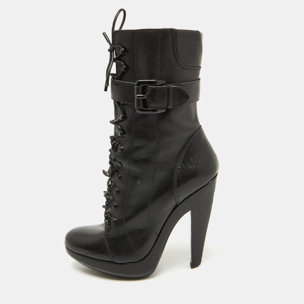 Burberry Black Leather Buckle Detail Mid Calf Platform Boots Size 37.5
