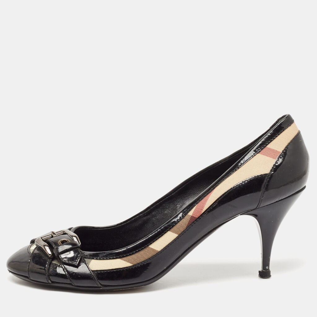luxury-women-burberry-used-shoes-p1094016-008 Burberry Black Canvas and Leather Pointed Toe Pumps Size 39.5