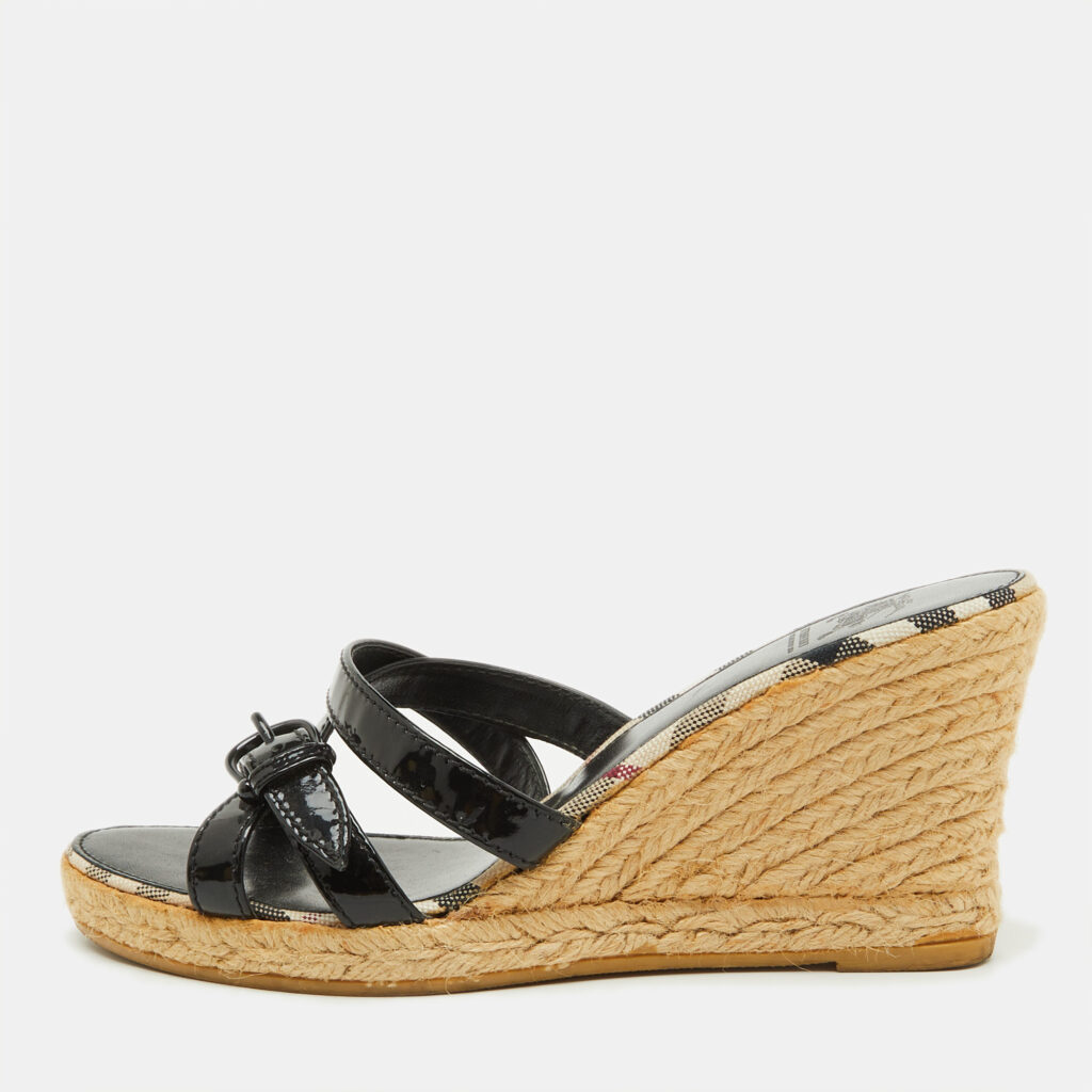 luxury-women-burberry-used-shoes-p1097923-001 Burberry Black Patent Leather Strappy Wedge Espadrille Sandals Size 38