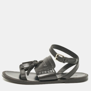 Burberry Black Leather Bethany Ankle Strap Flat  Sandals Size 38