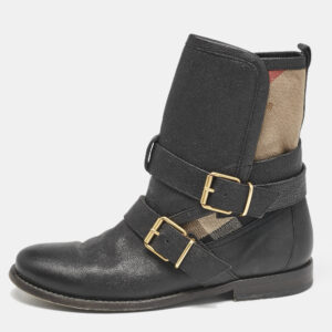 Burberry Black/Beige Check Canvas and Leather Ankle Length Boots Size 39