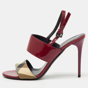 Burberry Burgundy/Beige Patent Leather and Check PVC Slingback Sandals Size 38
