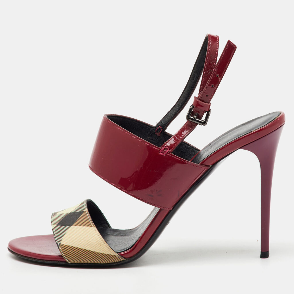 luxury-women-burberry-used-shoes-p1138443-002 Burberry Burgundy/Beige Patent Leather and Check PVC Slingback Sandals Size 38