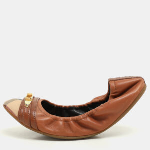 Burberry Brown Leather and Nova Check Coated Canvas Drayton Twistlock Scrunch Ballet Flats Size 37