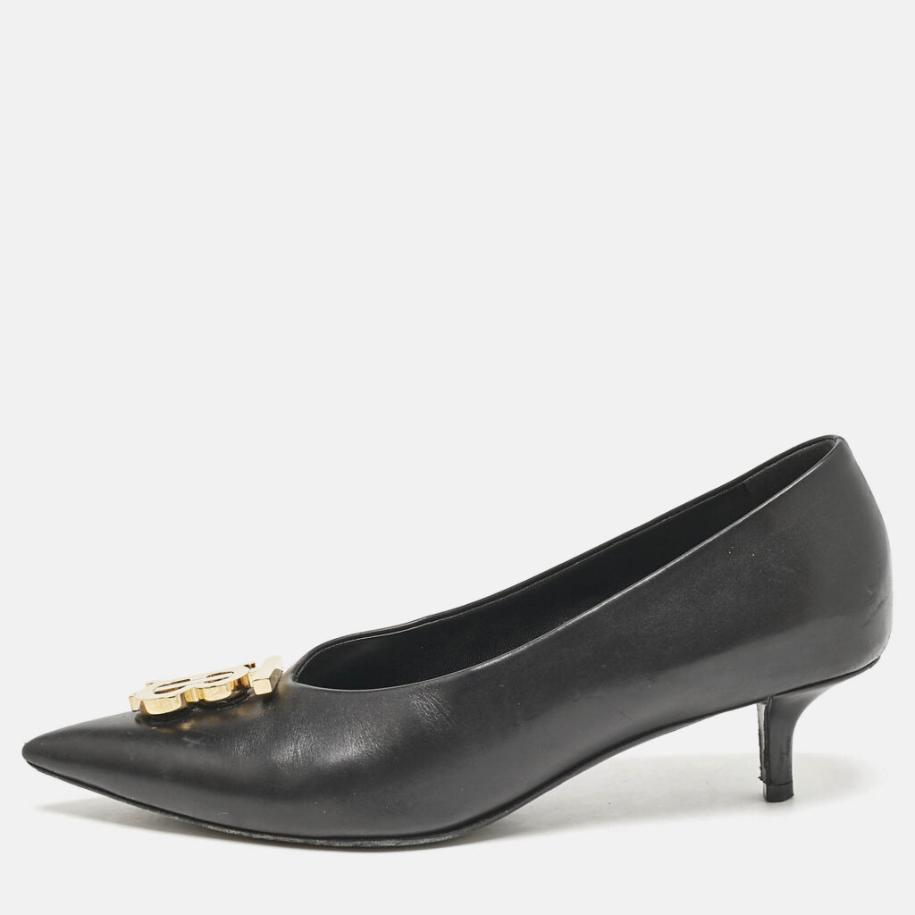 luxury-women-burberry-used-shoes-p1145668-010 Burberry Black Leather Madelina TB Logo Pointed Toe Pumps Size 37