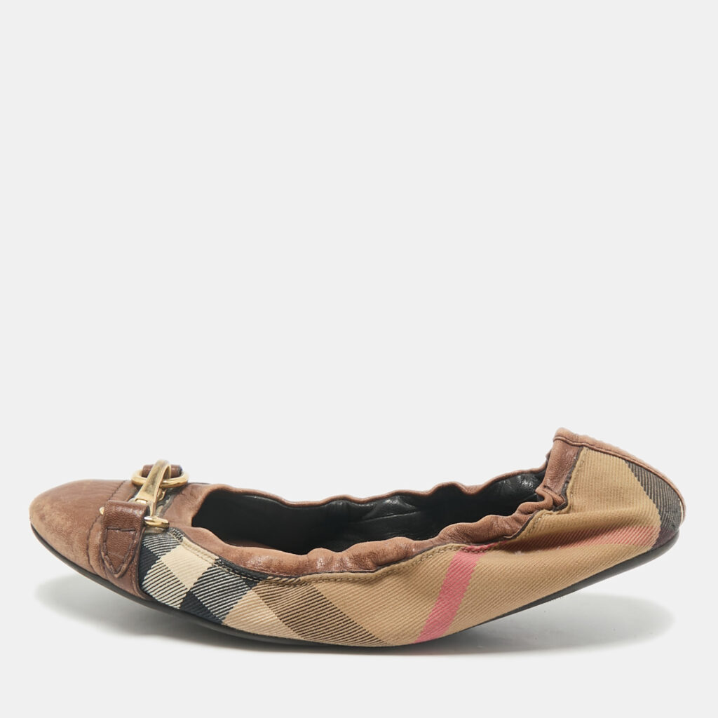 luxury-women-burberry-used-shoes-p1156153-001 Burberry Brown House Check Canvas And Leather Shipley Ballet Flats Size 39