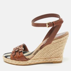 Burberry Brown Leather Nova Check Wedge Sandals Size 38