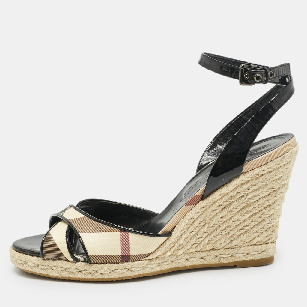 luxury-women-burberry-used-shoes-p1161791-001 Burberry Brown Patent Leather and Nova Check Canvas Wedge Sandals Size 40