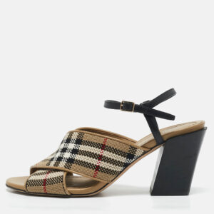 Burberry Beige/Black Canvas and Leather Castlebar Ankle Strap Sandals Size 38