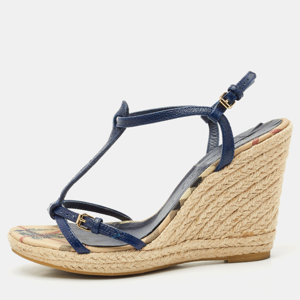 luxury-women-burberry-used-shoes-p1163616-003 Burberry Navy Blue Leather Espadrille Wedge Sandals Size 38