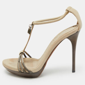 Burberry  Grey Leather and Canvas Ankle Strap Sandals Size 38